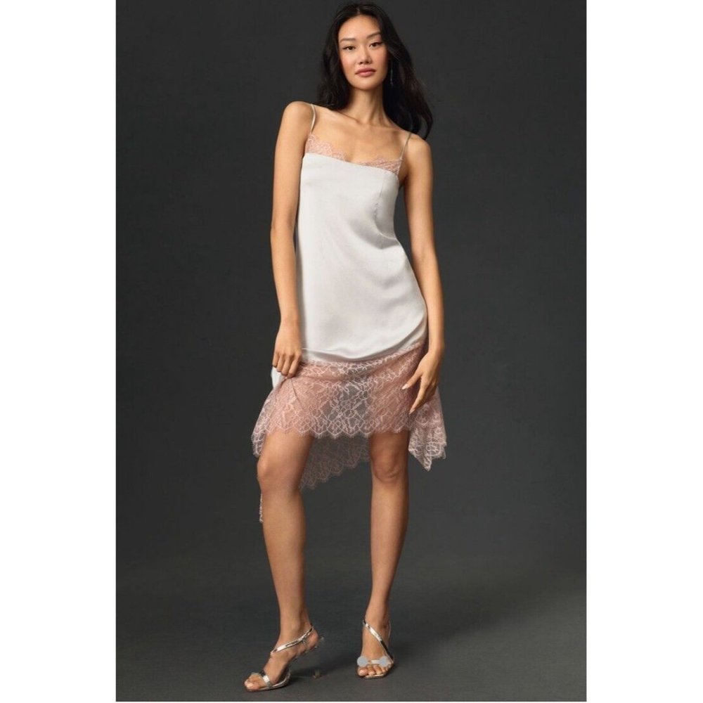 Anthropologie Dress Size 6 Slip Lace Trimmed Satin Silver Sexy Midi Asymmetric